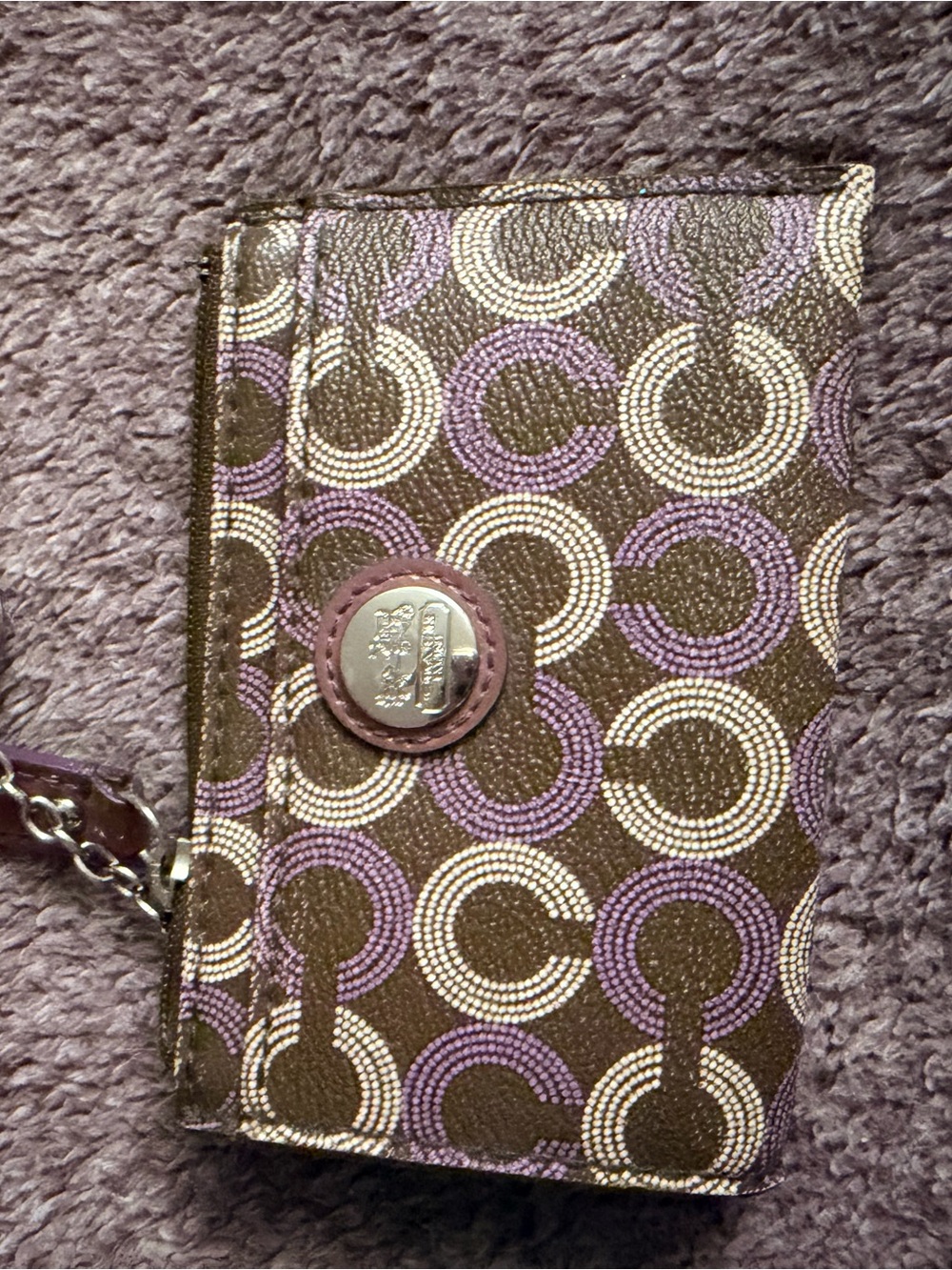 Coach Purple and Brown Signature Chain Wristlet Wallet